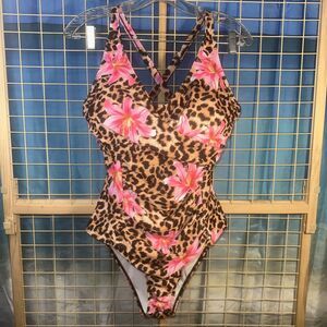 Women’s XL Leopard Floral One Piece Swimsuit Adjustable Wide Straps Inner Lining